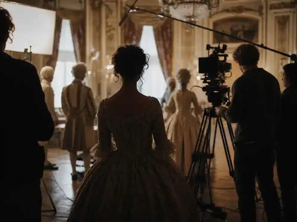 The Crown cast vs real royals guide Princess Diana cast — actress silhouette from behind on 1980s period drama film set with vintage wardrobe and crew