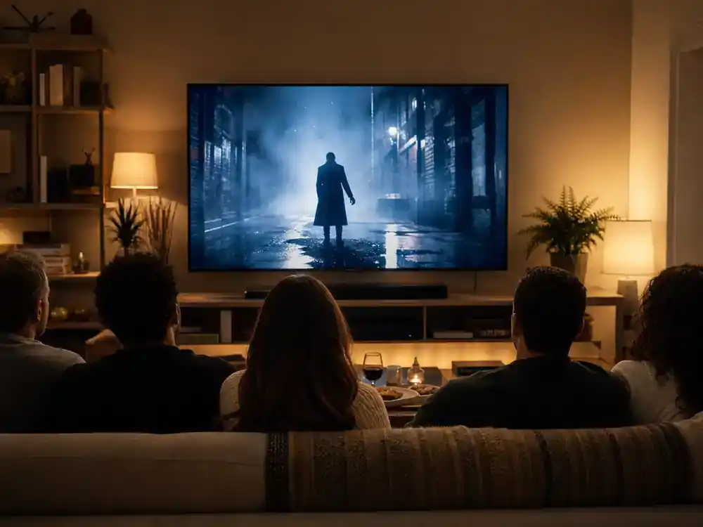 The Last of Us behind the scenes filming facts HBO production — viewer from behind on couch watching premium cable drama premiere on living room TV