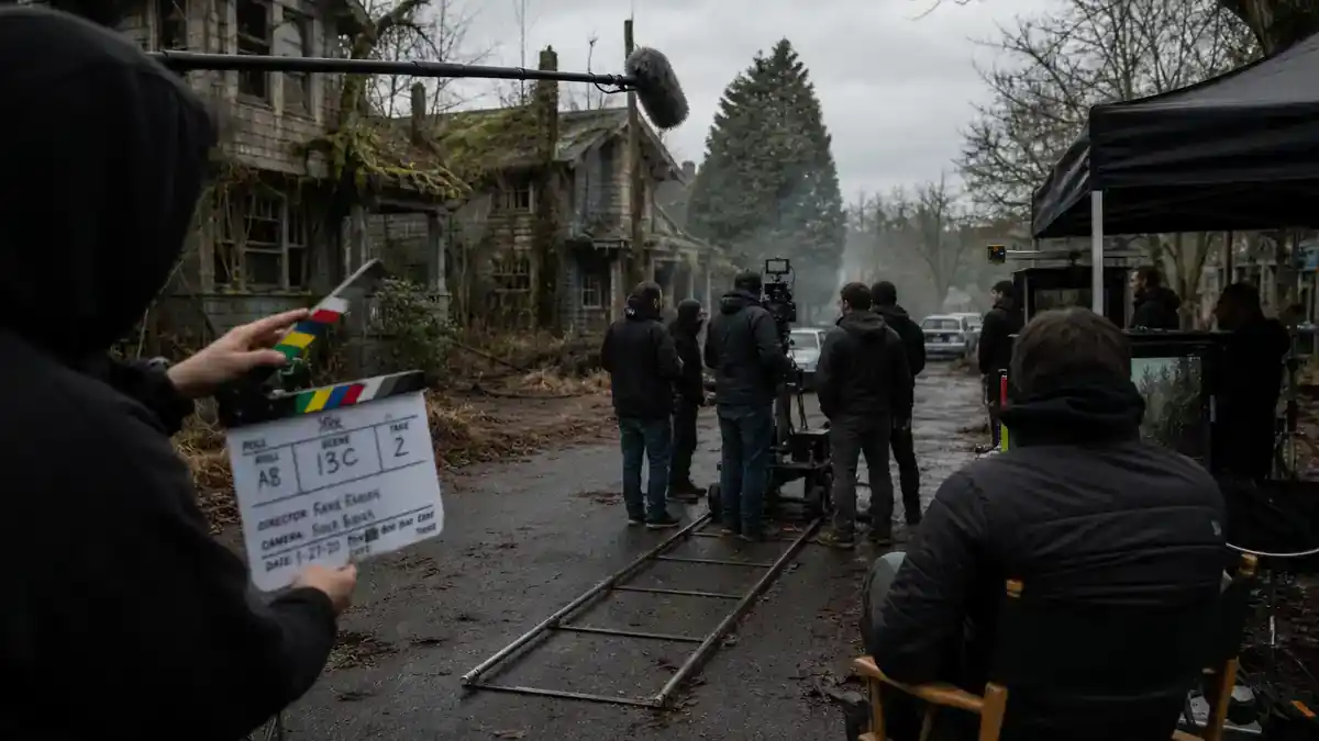 The Last of Us behind the scenes filming facts — premium TV drama crew on overgrown suburban location set with clapperboard and director chairs, editorial production reference