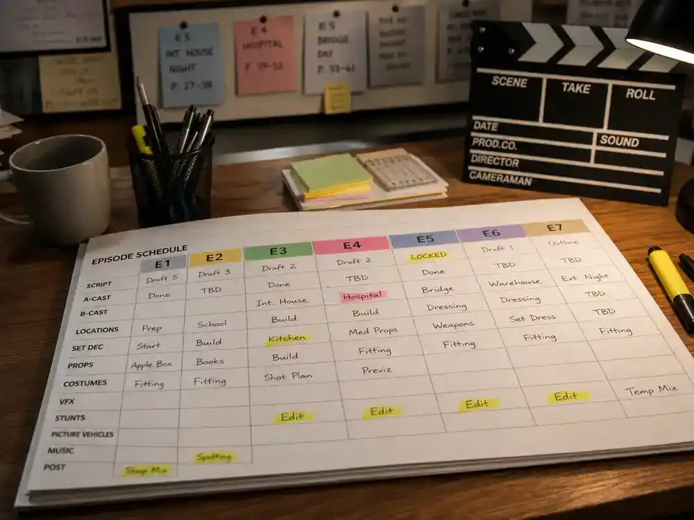 The Last of Us season 2 cast and episode guide episode list — production desk with seven-episode schedule printout, clapperboard, and highlighter marks