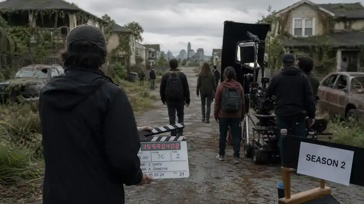The Last of Us season 2 cast and episode guide — premium TV drama crew on overgrown suburban location set with clapperboard and director chairs, editorial production reference