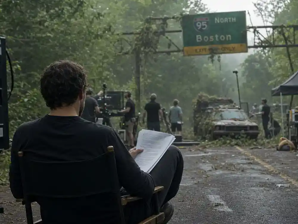 The Last of Us season 2 cast and episode guide Pedro Pascal Joel — actor silhouette from behind on director chair reviewing script at outdoor drama location shoot
