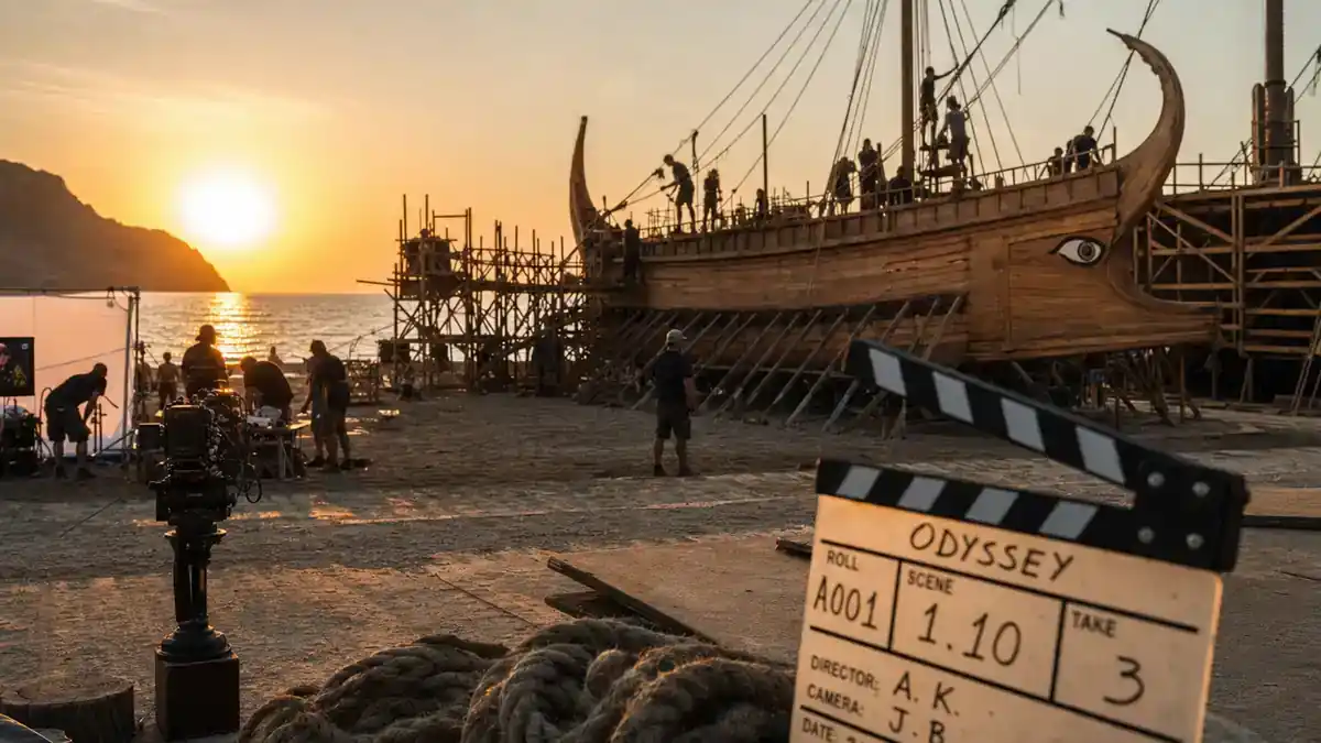 The Odyssey 2026 movie cast and plot explained — Mediterranean coastal film set with ancient Greek ship hull and crew silhouettes at golden hour