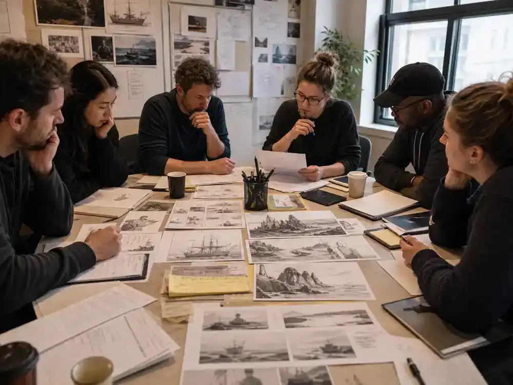 The Odyssey 2026 movie cast and plot explained Homeric story — open epic poem book with ship storyboard sketches on director production desk