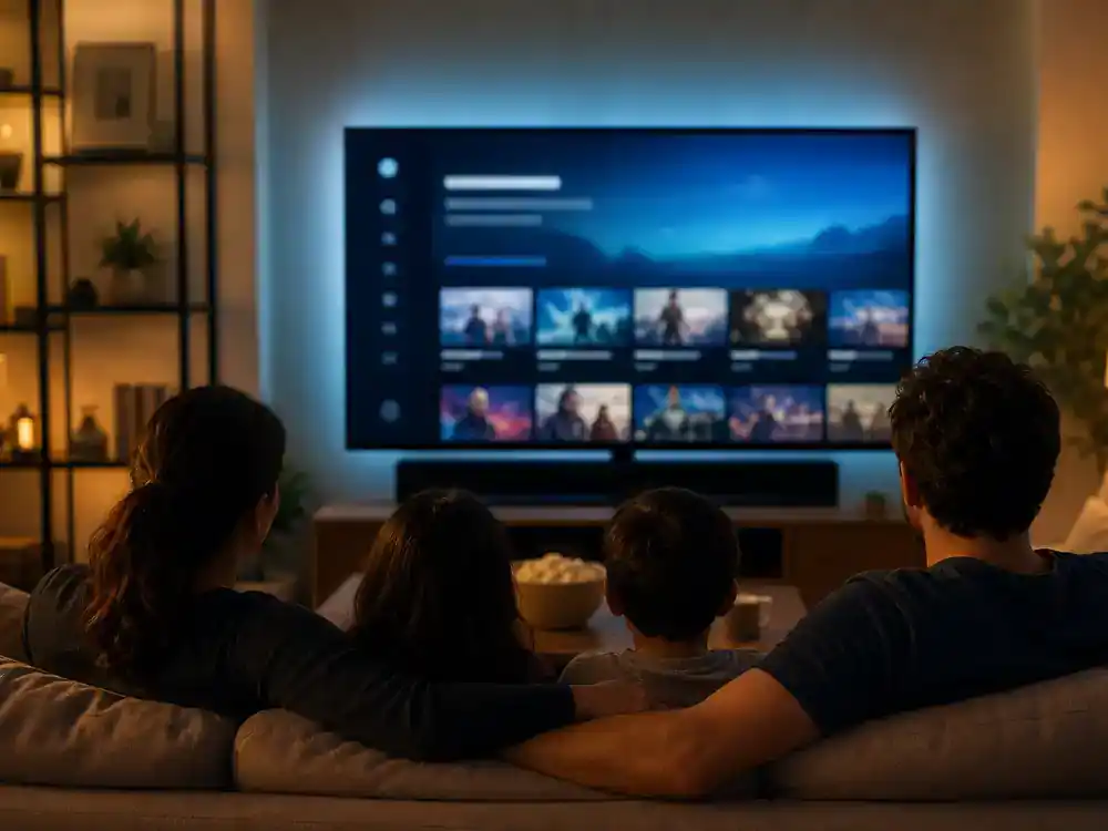 The Odyssey 2026 movie cast and plot explained viewing — family silhouettes watching epic film on living room TV with generic streaming interface