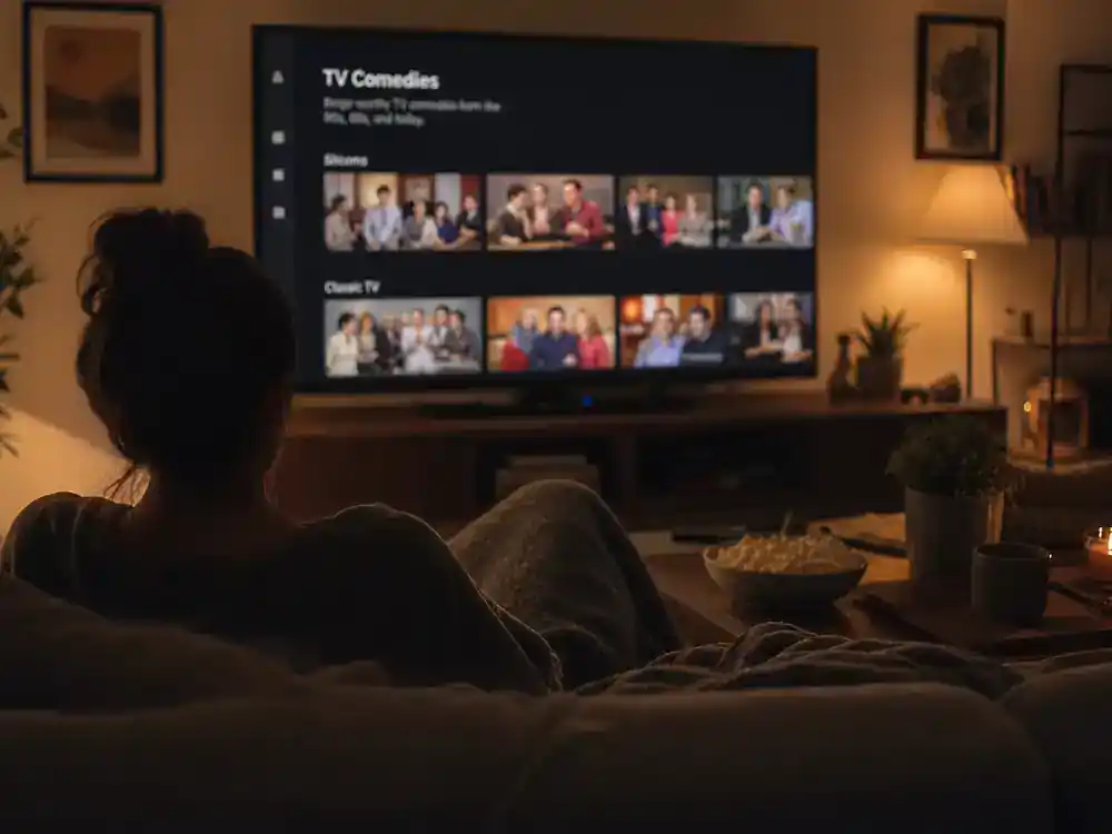 The Office cast net worth 2026 ranked Peacock streaming — viewer silhouette binge-watching sitcom reruns on living room TV from behind