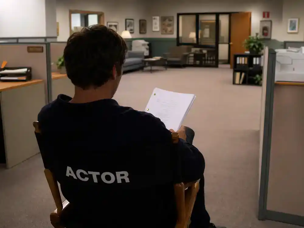 The Office cast net worth 2026 ranked Steve Carell Michael Scott — actor silhouette from behind on sitcom office set reviewing script