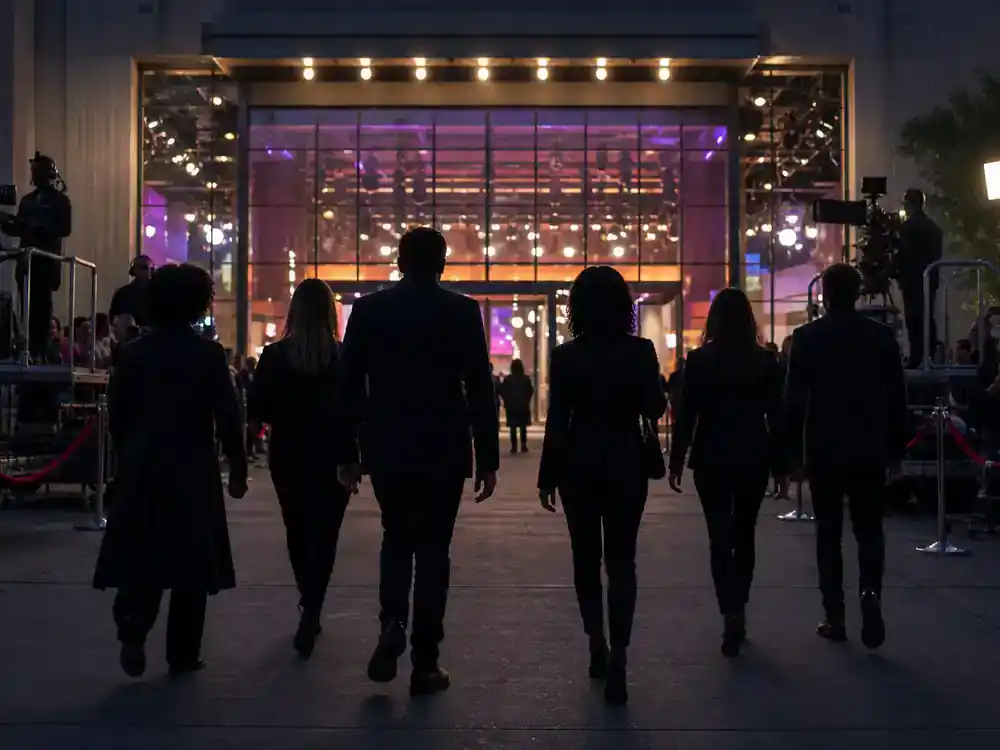 The Voice 2026 coaches and cast guide NBC premiere — cast silhouettes from behind walking toward TV studio entrance at dusk with camera platforms