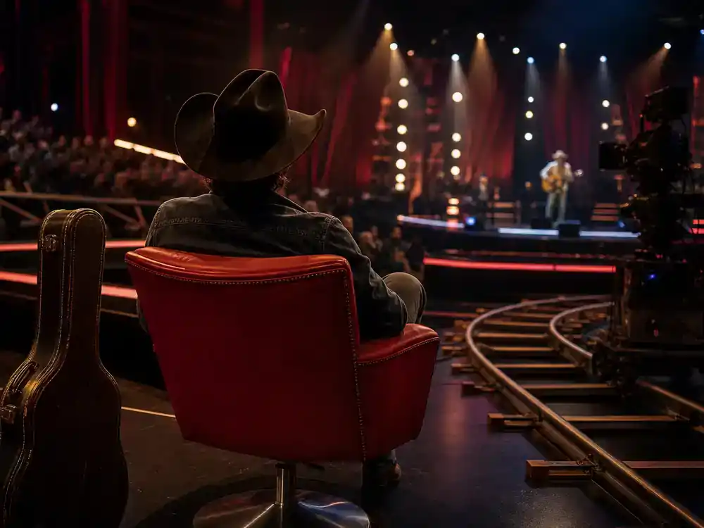 The Voice 2026 coaches and cast guide Riley Green — country artist silhouette from behind in red coach chair with acoustic guitar case on singing competition stage