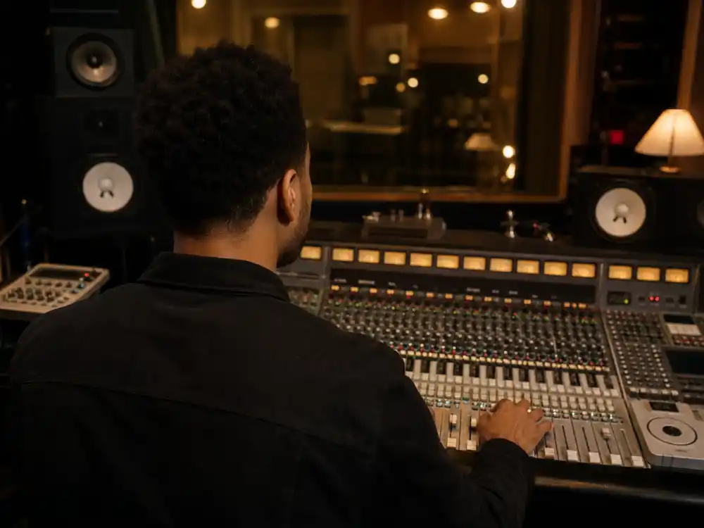 The Weeknd tattoos and their meanings — clean uninked hands on mixing console over-shoulder in recording studio booth