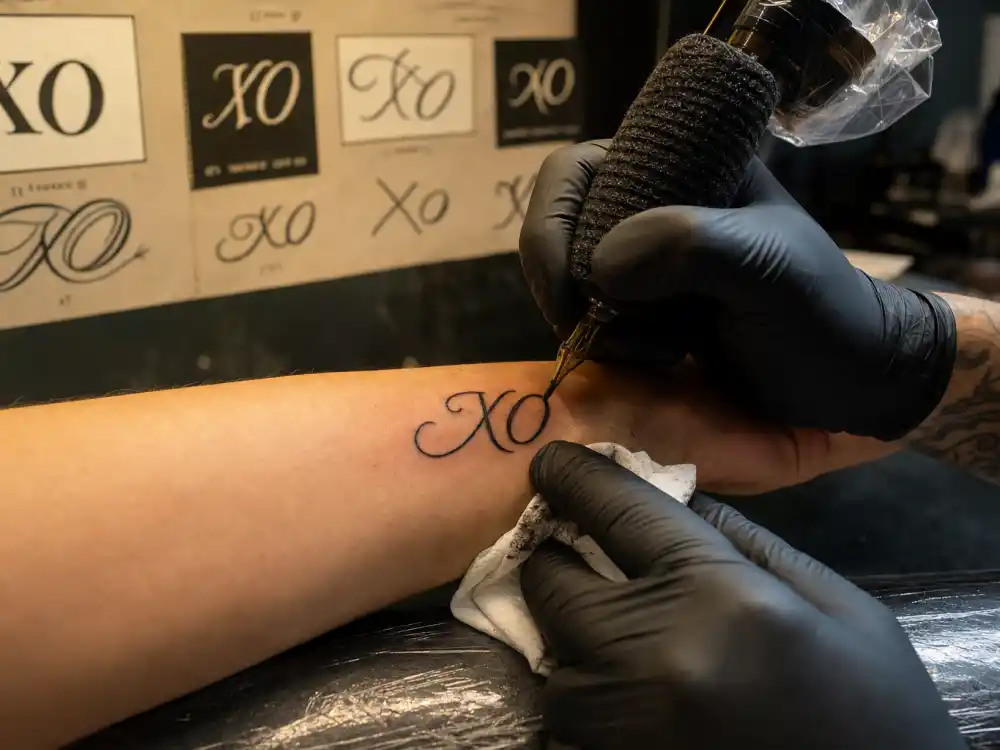 The Weeknd tattoos and their meanings — tattoo artist applying XO script lettering on client forearm in professional studio session