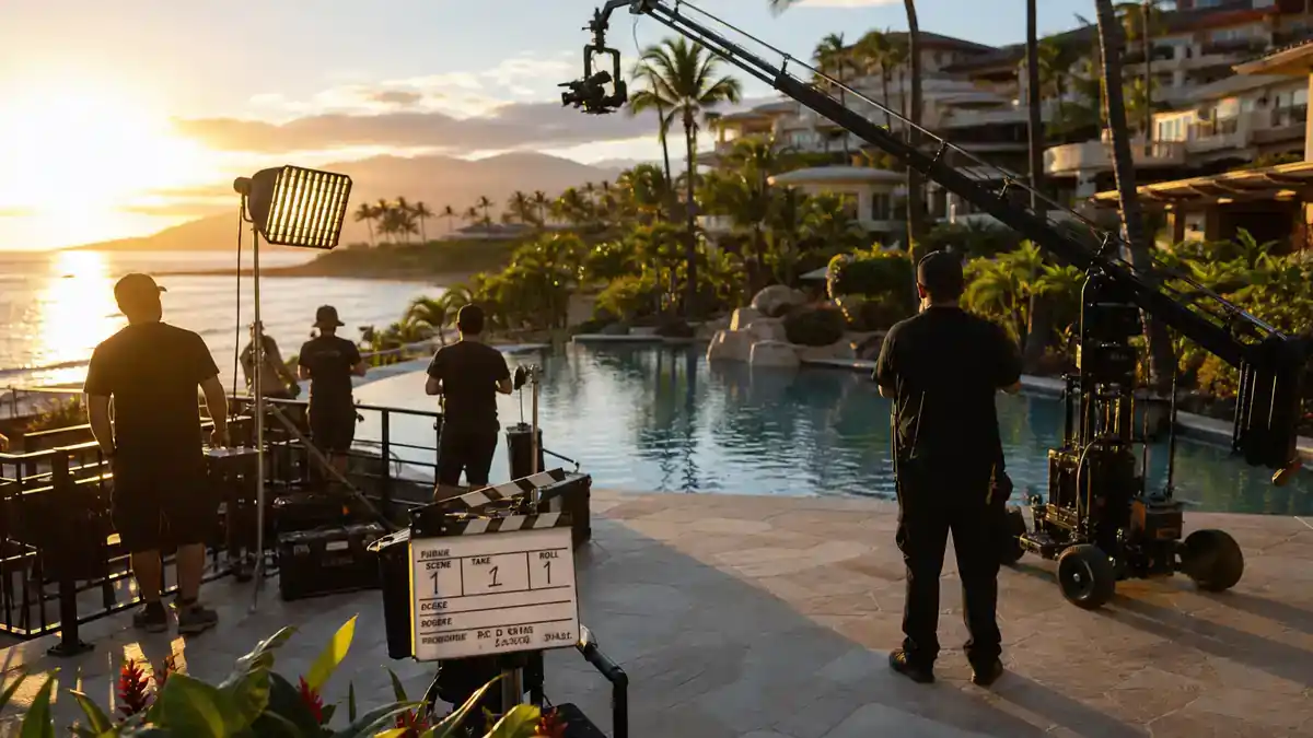 The White Lotus filming locations season guide — luxury tropical resort TV drama film set with camera crane clapperboard and crew silhouettes at golden hour