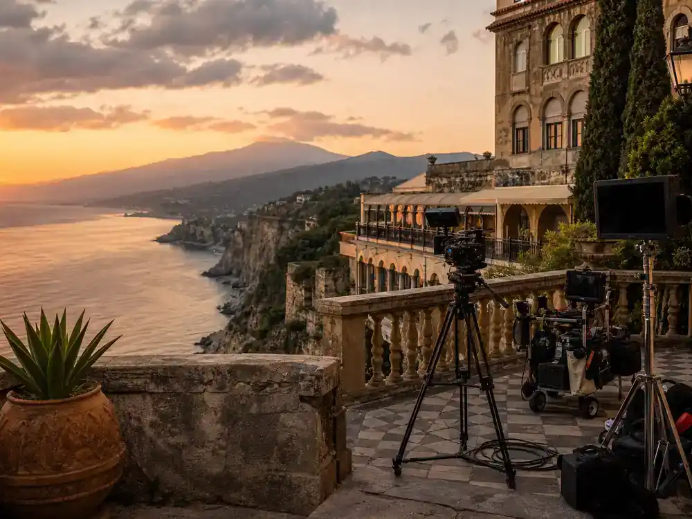 The White Lotus filming locations season guide Sicily — film crew on historic Mediterranean coastal cliff hotel terrace at sunset with camera equipment on Taormina-style stone terrace