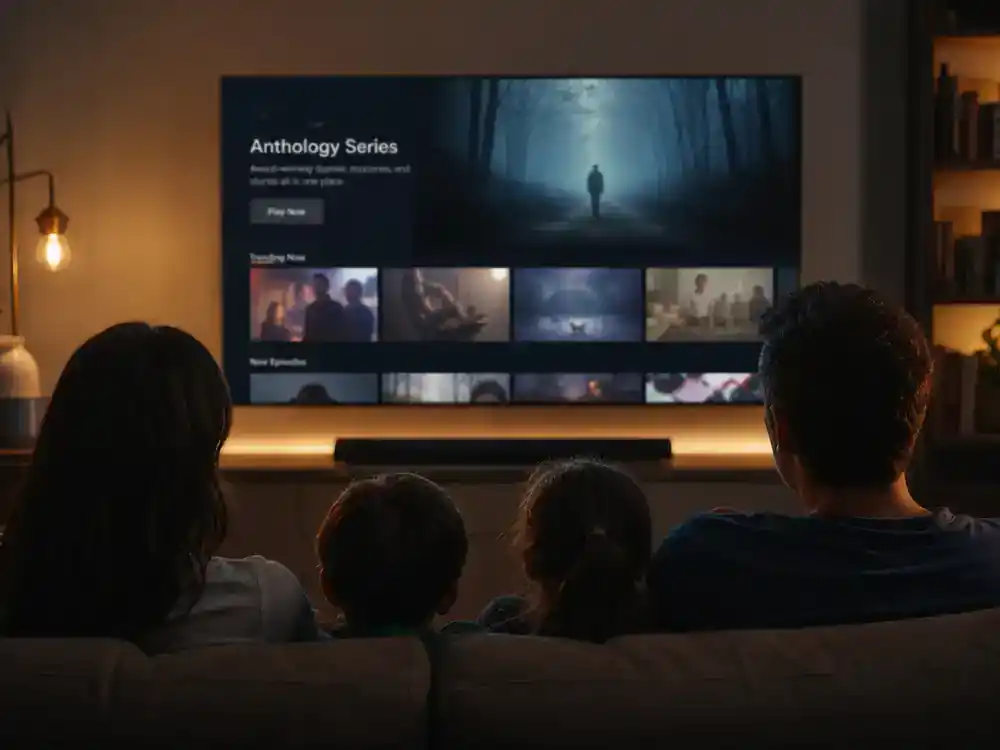 The White Lotus filming locations season guide streaming — family silhouettes watching premium TV anthology on living room flat screen with generic blurred interface