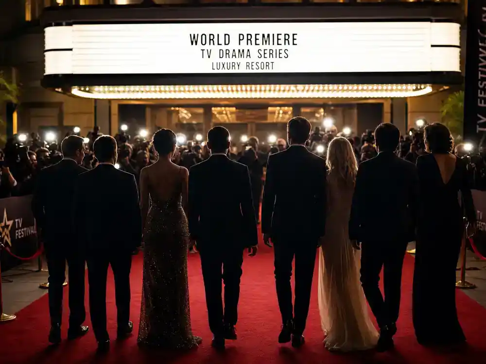 The White Lotus season 4 cast and location guide ensemble — TV drama cast silhouettes from behind walking red carpet toward cinema marquee at festival premiere night