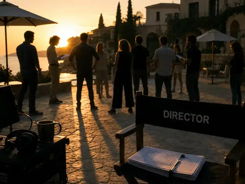 The White Lotus season 4 cast and location guide ensemble — international TV drama cast silhouettes on outdoor luxury resort film set at golden hour with director