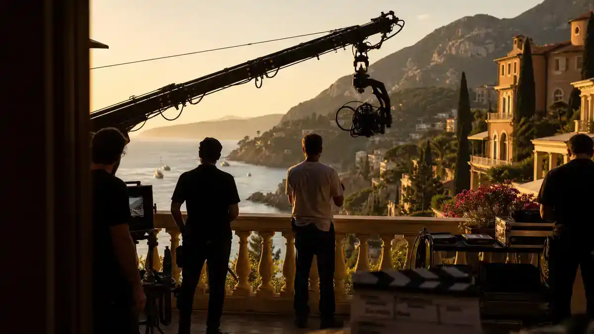 The White Lotus season 4 cast and location guide — luxury Mediterranean resort TV drama film set with camera crane clapperboard and crew silhouettes at golden hour