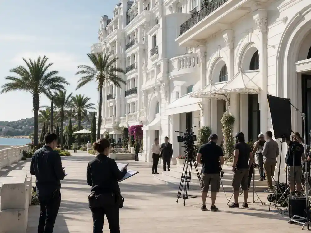The White Lotus season 4 cast and location guide filming — luxury coastal hotel exterior location scouts with camera crew on Mediterranean terrace
