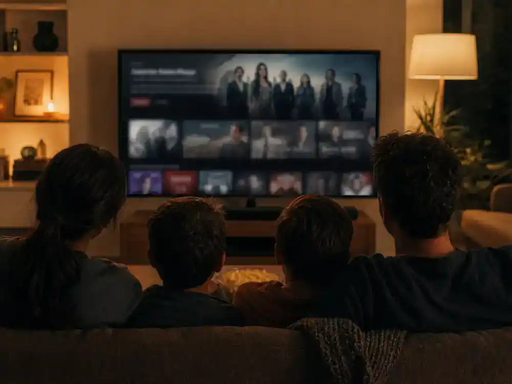 The White Lotus season 4 cast and location guide streaming — family silhouettes watching premium TV anthology on living room flat screen with generic blurred interface