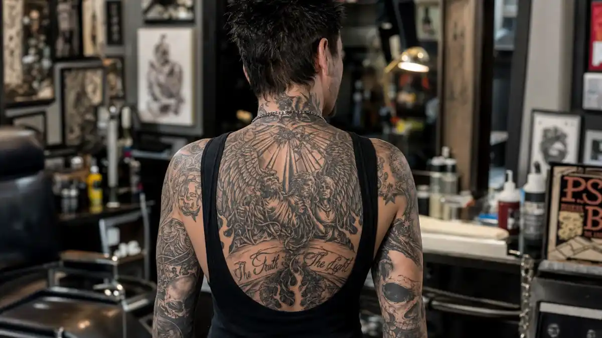 Travis Barker tattoos and their meanings — punk rock drummer seen from behind in tattoo studio with extensive black-and-grey back piece and full sleeves visible