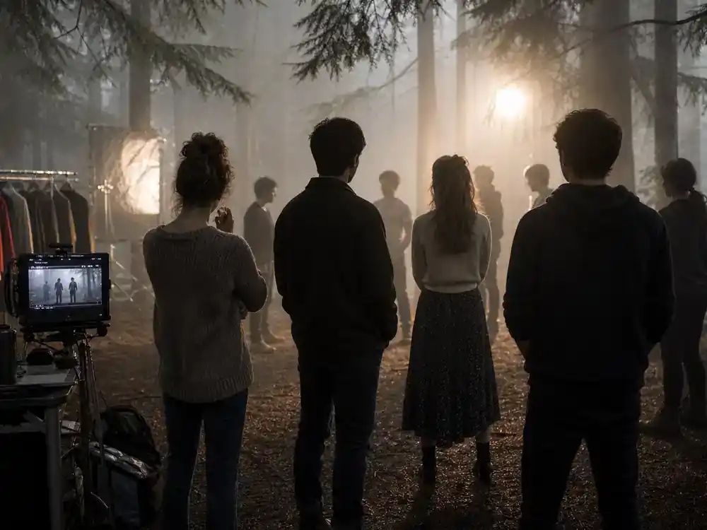Twilight movies filming locations guide cast ensemble — young adult romance cast silhouettes from behind rehearsing on foggy forest film set with wardrobe racks