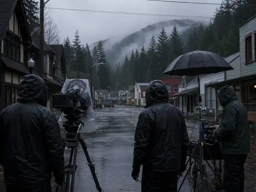 Twilight movies filming locations guide Forks Oregon — misty small-town main street film location scout with crew and camera on Pacific Northwest rainy set