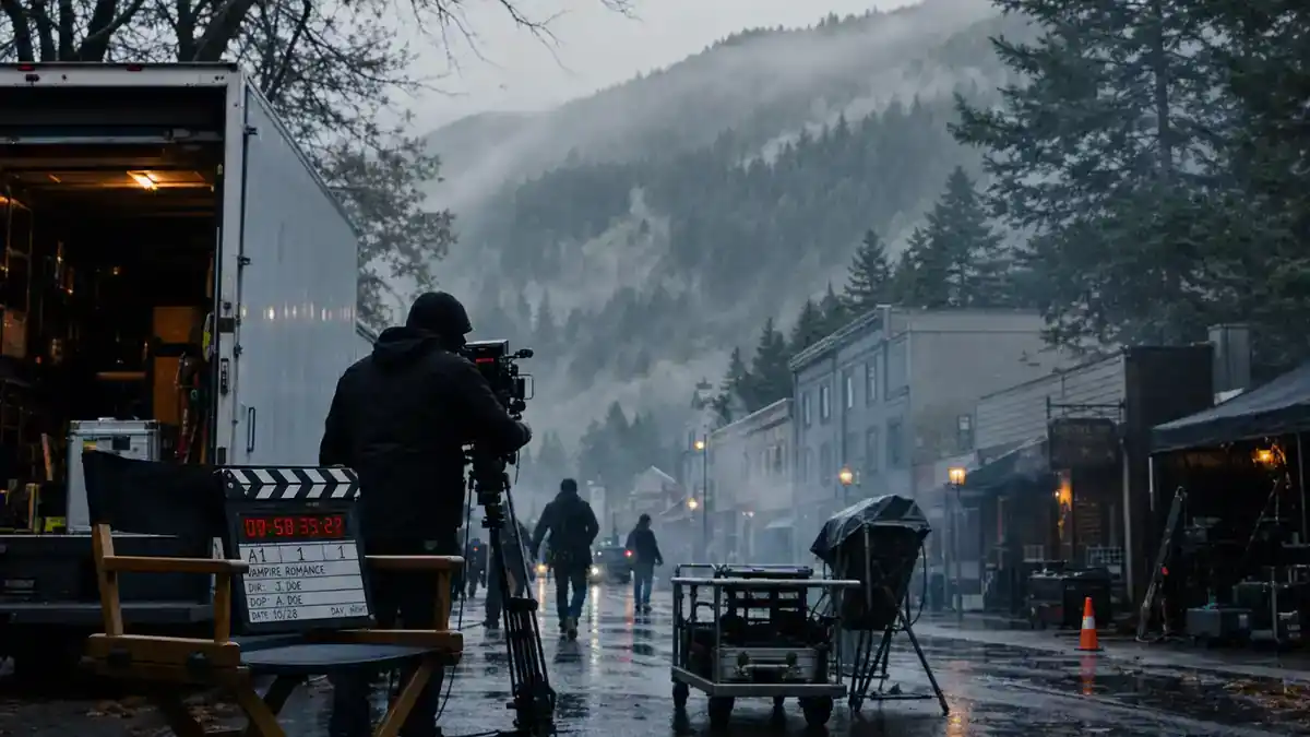 Twilight movies filming locations guide — misty Pacific Northwest forest film set with production trucks, clapperboard, and director chairs on foggy evergreen location