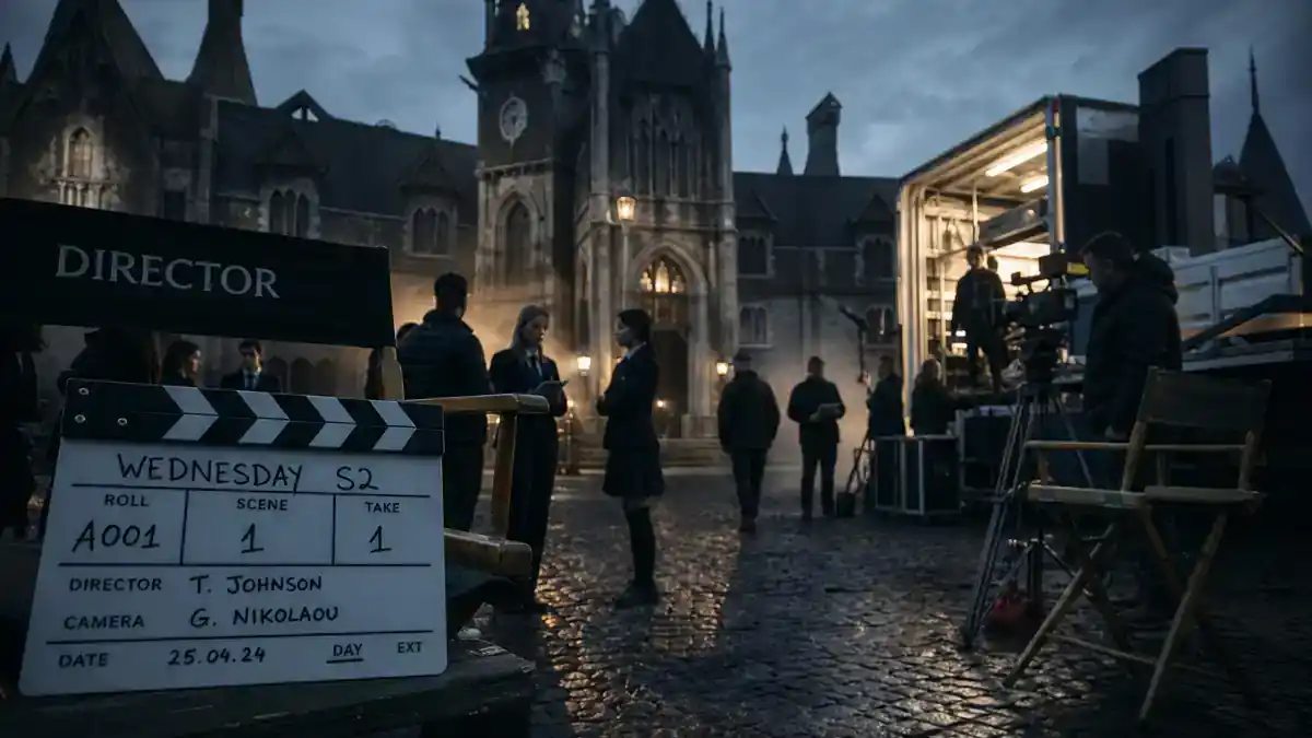 Wednesday season 2 cast and new characters guide — gothic boarding school film set at dusk with production trucks, clapperboard, and director chairs, editorial TV reference