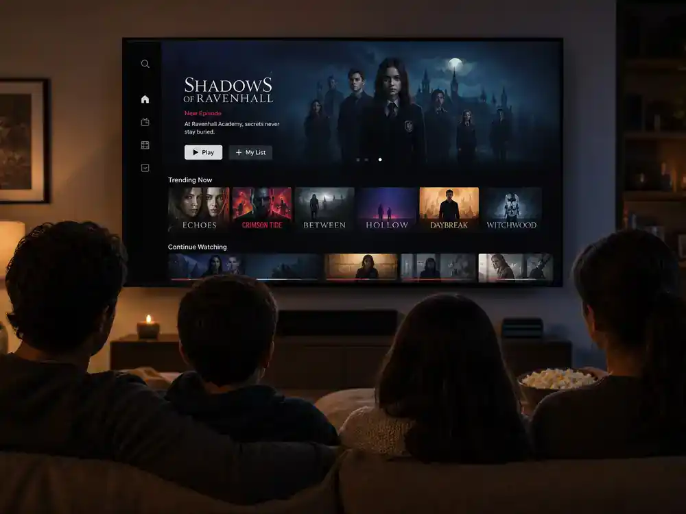 Wednesday season 2 cast and new characters guide Netflix streaming — family silhouettes watching gothic TV premiere on living room screen from behind, binge-watch reference