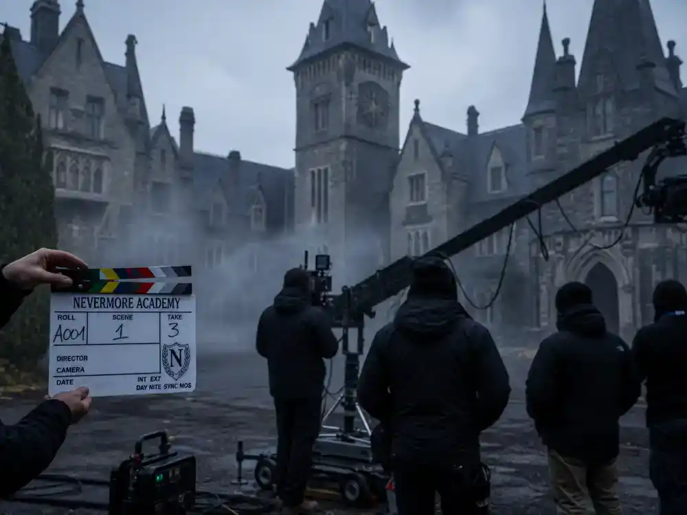 Wednesday season 2 cast and new characters guide Nevermore Academy — gothic boarding school exterior film location with crew silhouettes and camera crane on misty courtyard