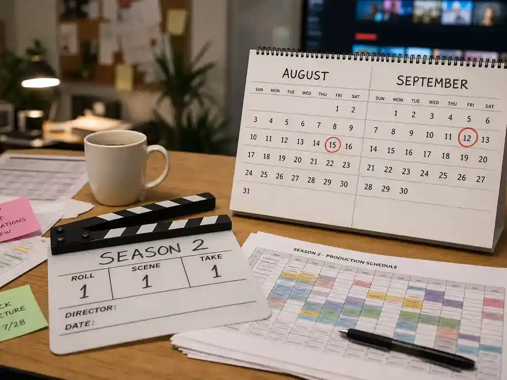 Wednesday season 2 cast and new characters guide release schedule — production office calendar with August and September dates circled, clapperboard on desk