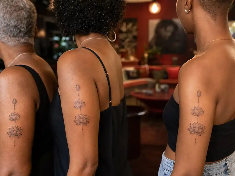 Willow Smith tattoos and their meanings — matching lotus flower tattoos in three bloom stages with mother and grandmother from behind