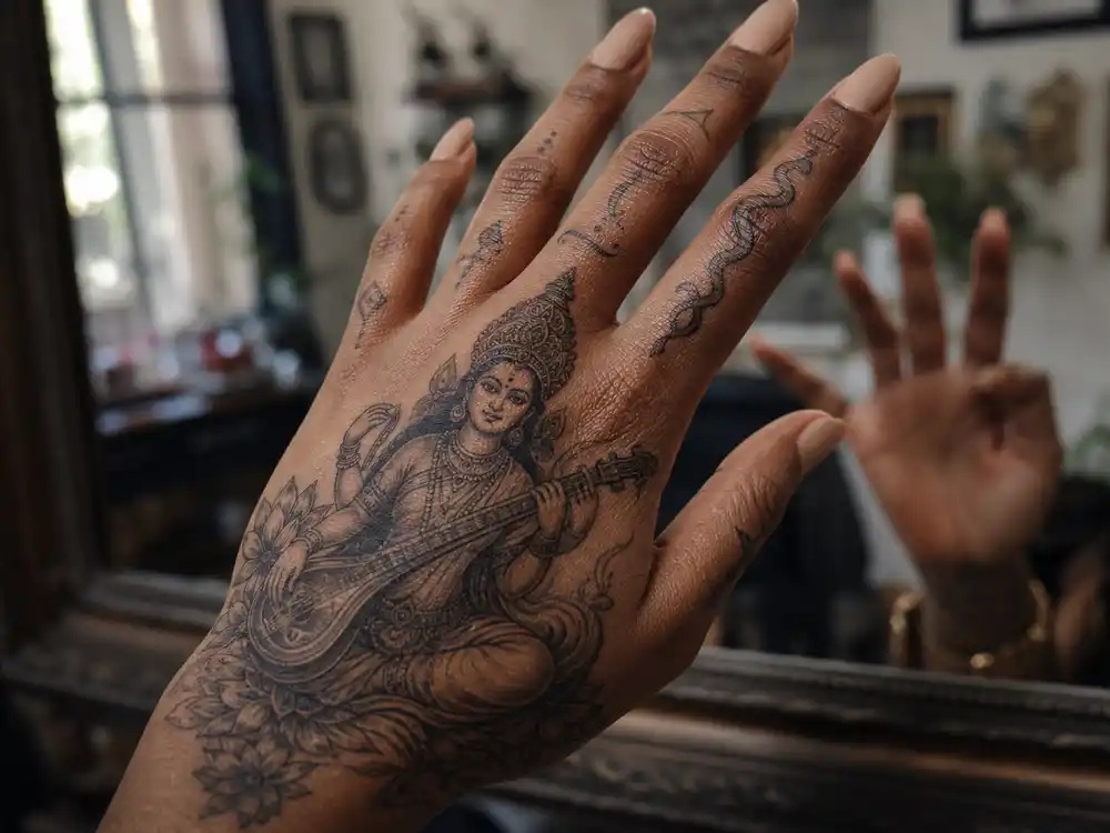 Willow Smith tattoos and their meanings — close-up of Saraswati Hindu goddess hand tattoo with crescent moon and snake finger ink