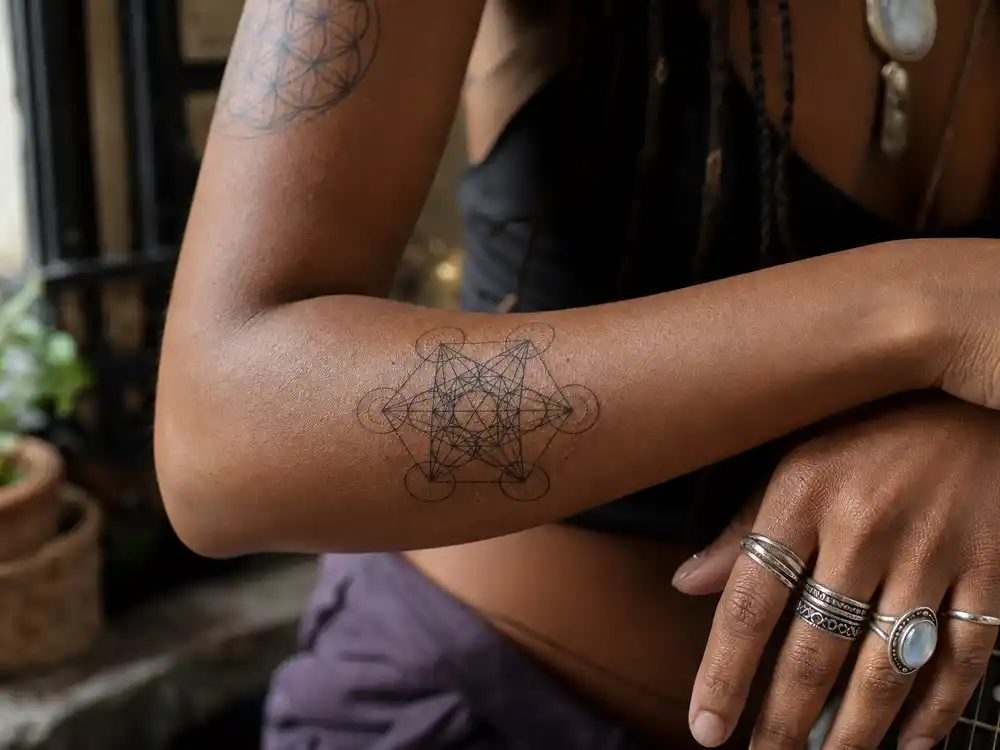 Willow Smith tattoos and their meanings — Metatron's Cube sacred geometry and Seed of Life outline on left forearm in studio light