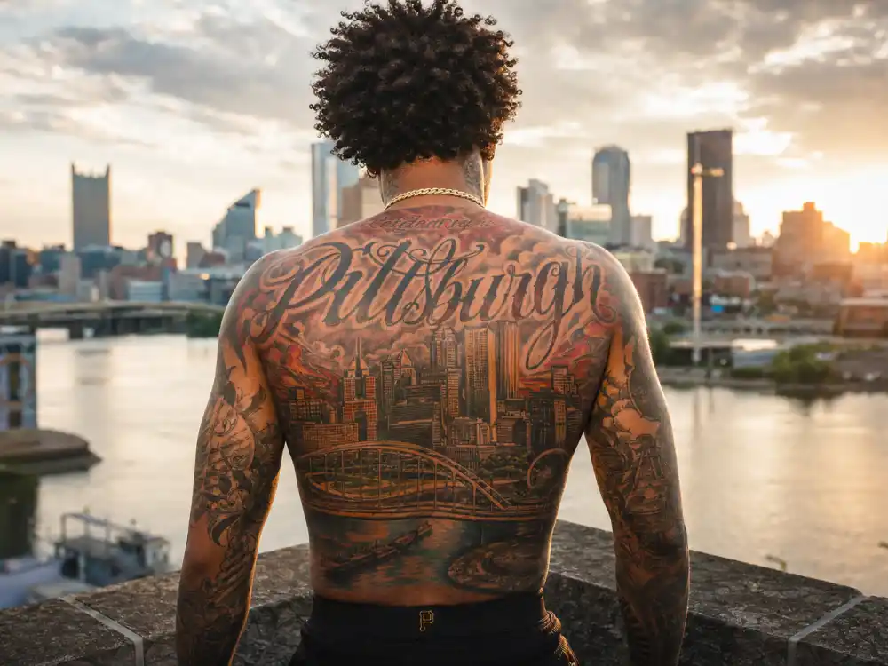 Wiz Khalifa tattoos and their meanings — massive colorful back tattoo with skyline script on rapper from behind at golden hour rooftop