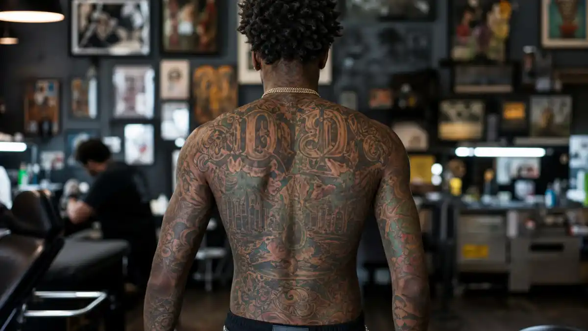 Wiz Khalifa tattoos and their meanings — hip-hop artist seen from behind in tattoo studio with extensive colorful back piece and full sleeves visible