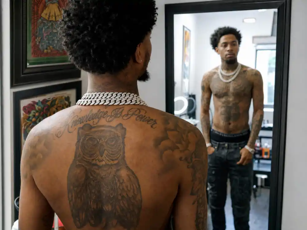 Wiz Khalifa tattoos and their meanings — neck and chest owl and script tattoos visible over-shoulder on hip-hop artist