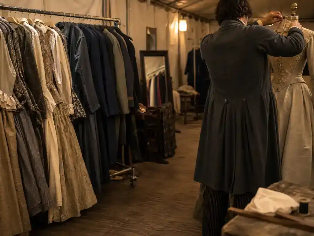 Wuthering Heights Margot Robbie movie cast guide Catherine and Heathcliff — Victorian costume department racks with period gowns on film set, tailor from behind