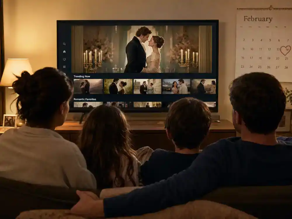 Wuthering Heights Margot Robbie movie cast guide release — family silhouettes watching romantic period drama on living room TV from behind, February calendar visible