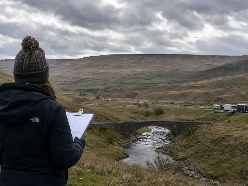 Wuthering Heights Margot Robbie movie cast guide Yorkshire filming — location scout with clipboard on moor overlooking stone bridge and film trucks