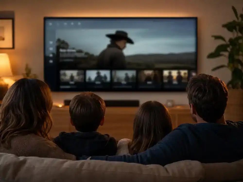 Yellowstone filming locations Montana guide Paramount streaming — family silhouettes watching western TV drama on living room screen with generic blurred streaming interface