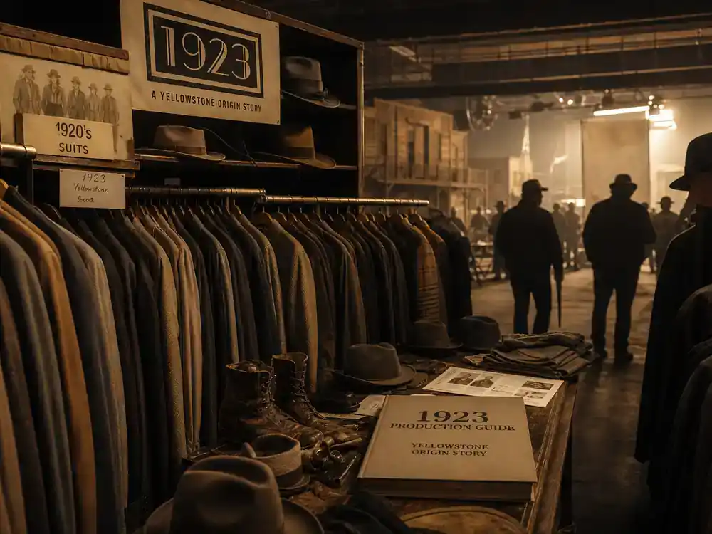 Yellowstone spinoff 2026 cast and timeline guide 1923 prequel — period western TV costume wardrobe department with 1920s suits on racks and soundstage silhouettes