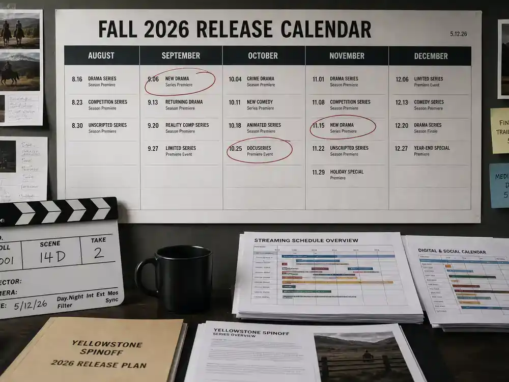 Yellowstone spinoff 2026 cast and timeline guide release calendar — TV network fall 2026 premiere planning board with circled dates clapperboard and streaming schedule printouts