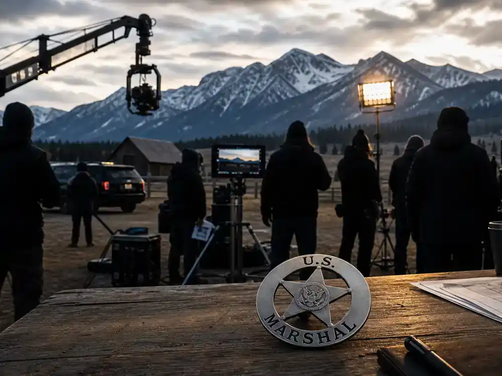 Yellowstone spinoff 2026 cast and timeline guide Marshals — Kayce Dutton law enforcement TV procedural filming on Montana mountain location with marshal badge prop and crew