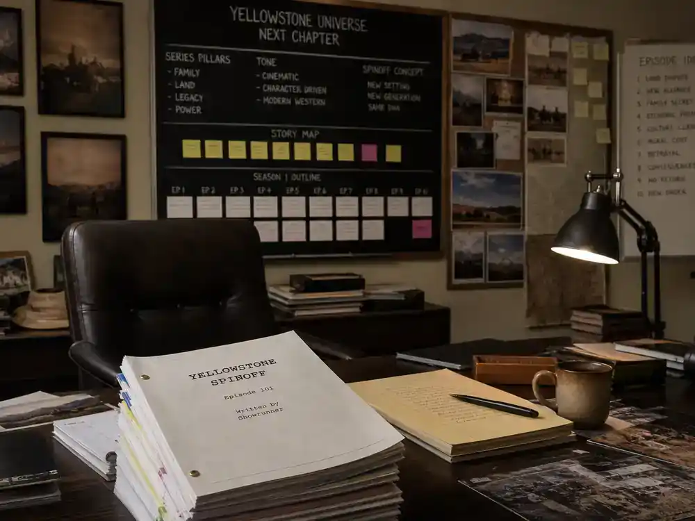 Yellowstone spinoff 2026 cast and timeline guide Taylor Sheridan universe — TV production planning office with western drama schedule boards and generic poster wall