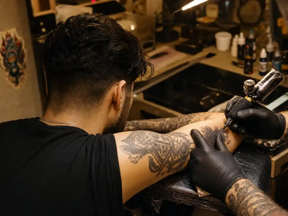 Zayn Malik tattoos and their meanings studio session — tattoo artist gloved hands applying ink to forearm of dark-haired client over-shoulder angle