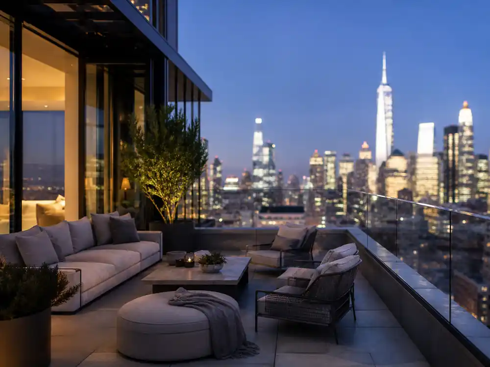 Luxury NYC penthouse terrace at dusk, a wealth-scale contrast in 50 Cent vs Eminem net worth