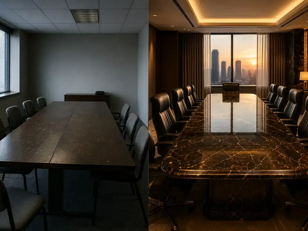 Split boardroom with modest and luxury conference tables, a scale contrast for 50 Cent vs Eminem net worth