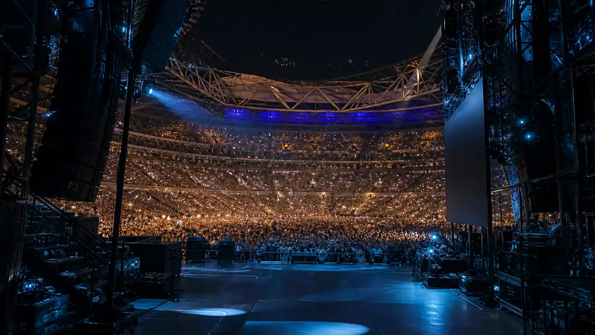 London arena from stage wings with crowd lights tied to Adele vs Ed Sheeran net worth stadium scale