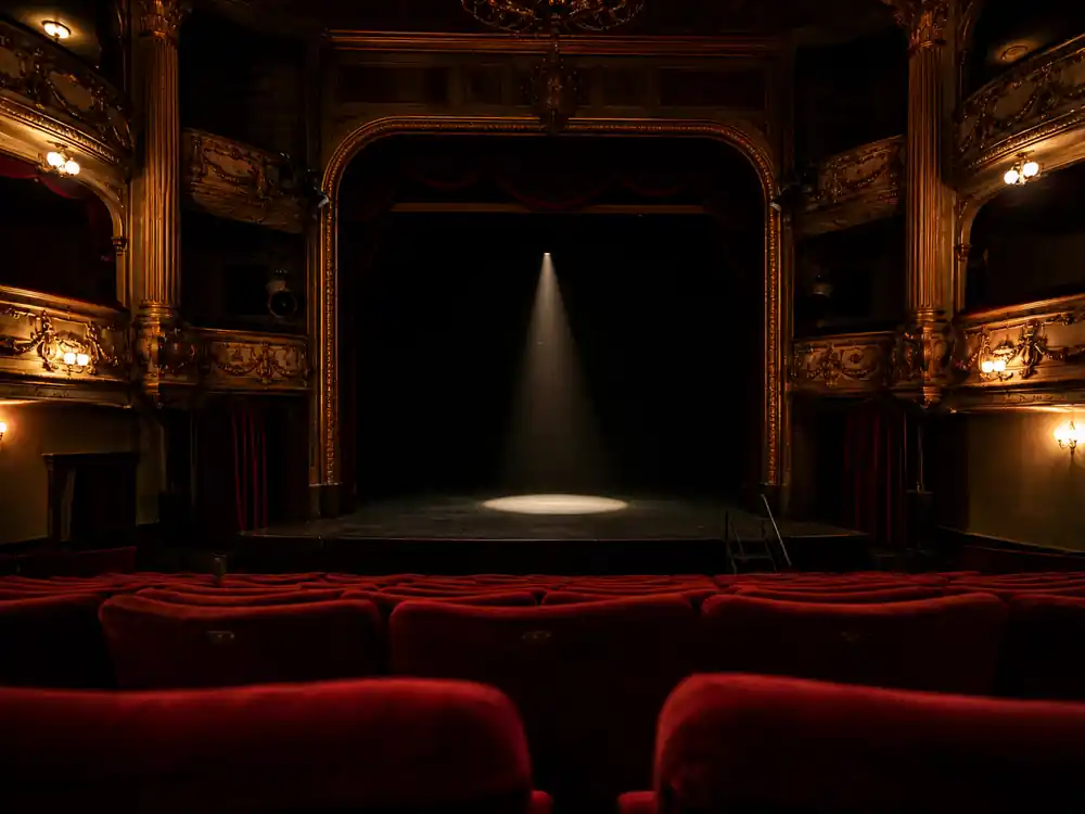 Small UK theatre empty stage from last row tied to Adele vs Ed Sheeran net worth intimacy contrast